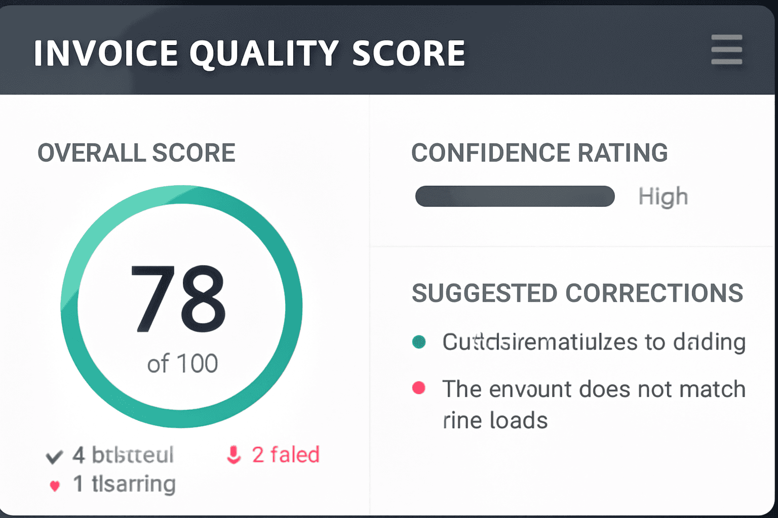 Professional Invoice Quality Score report showing overall score, confidence rating, validation summary and suggested corrections