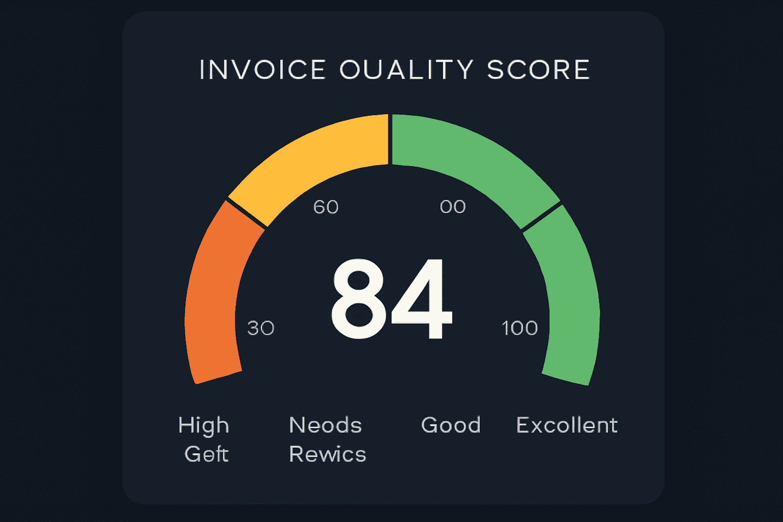 Invoice quality score scale from 0 to 100 showing Excellent, Good, Needs Review and High Risk categories