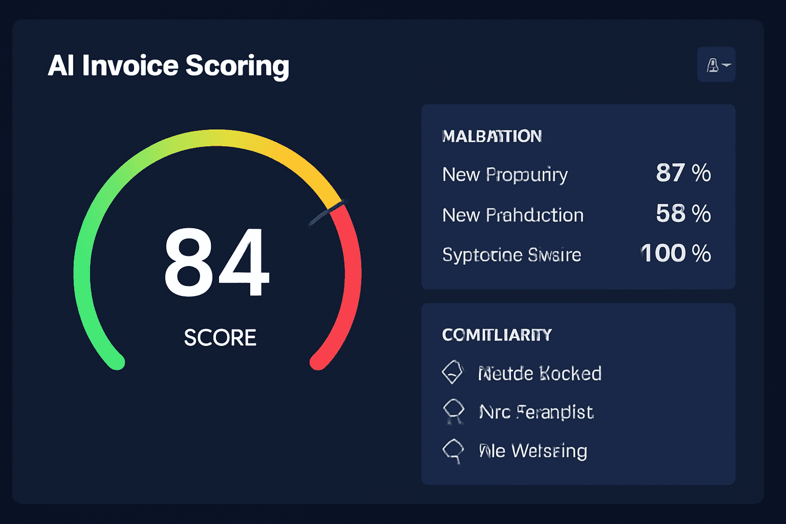AI invoice scoring dashboard assigning quality ratings with a large score gauge and validation metrics