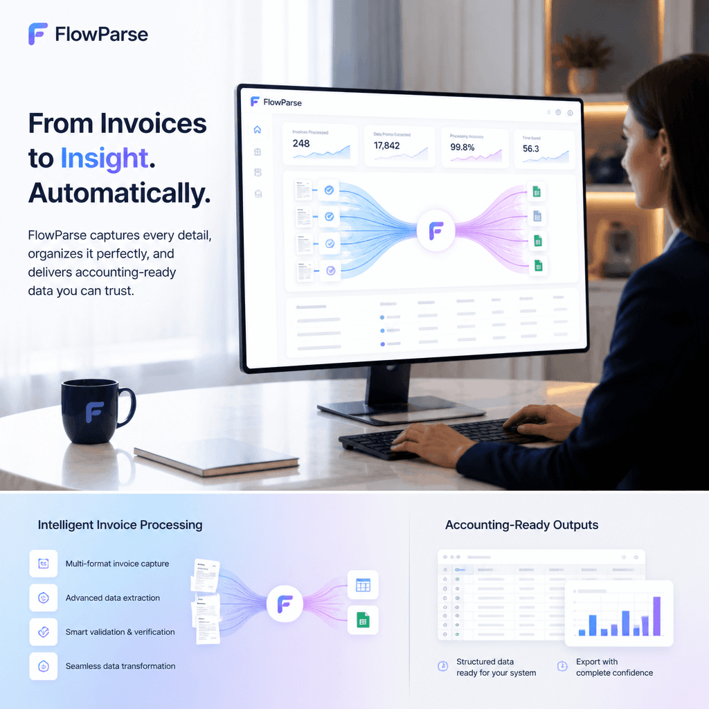 Professional accountant using ParseFlow invoice automation — multiple invoices converted into accounting-ready records and spreadsheets