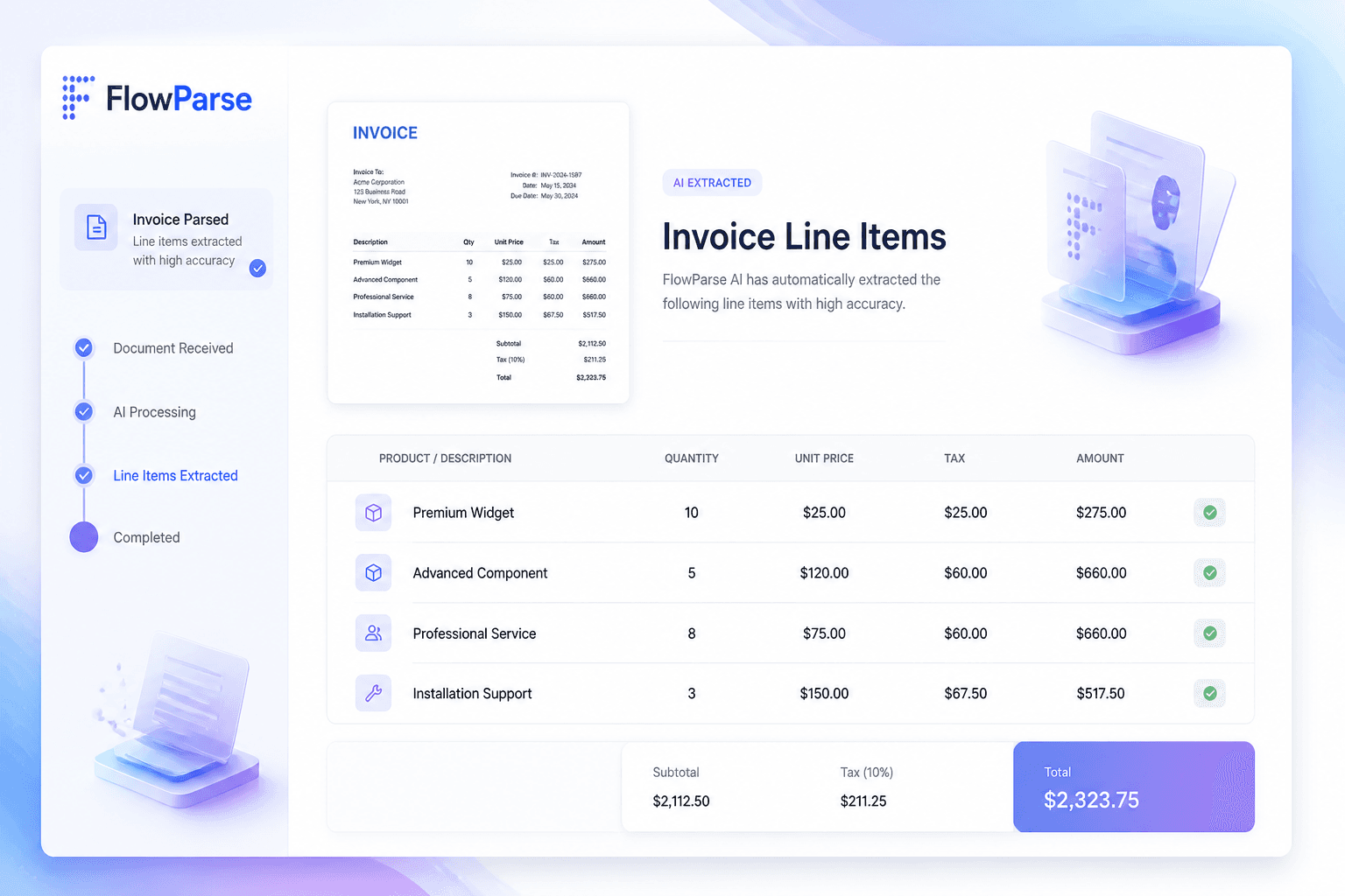 Invoice line item extraction interface showing products, quantities, prices and tax values automatically captured by ParseFlow AI