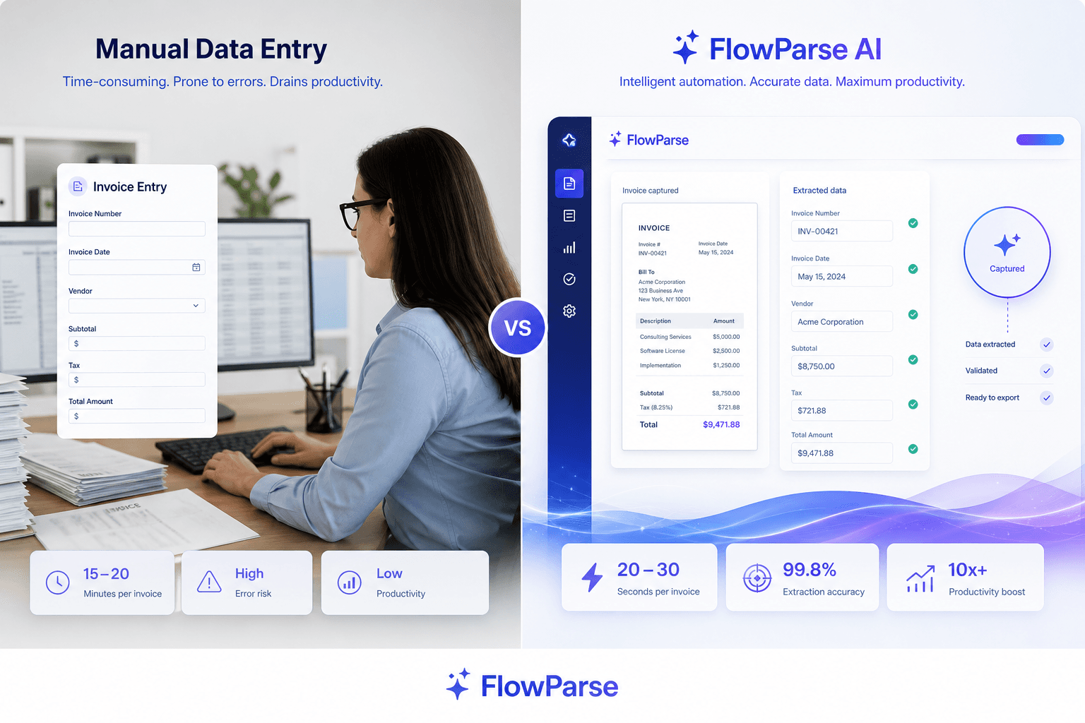 Manual invoice entry into accounting software compared with ParseFlow AI automatically extracting invoice data — split-screen productivity comparison