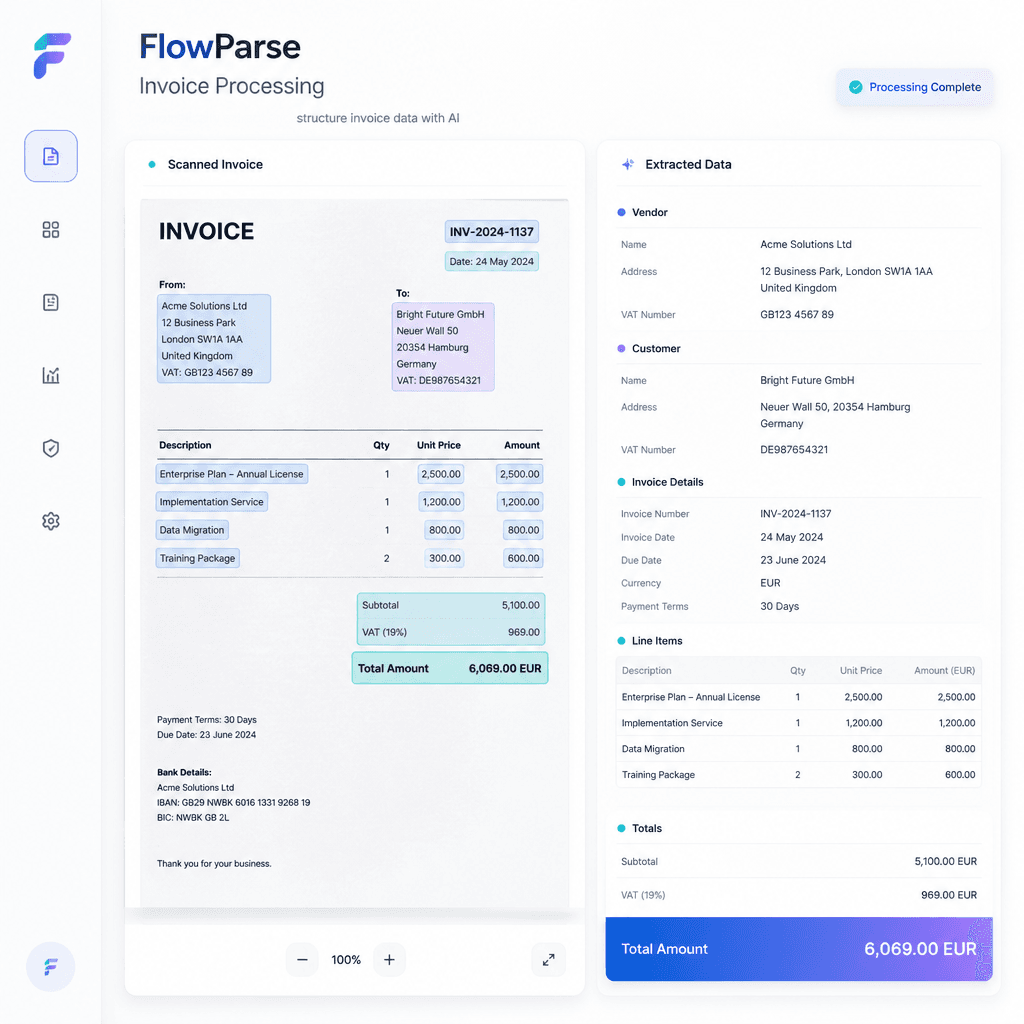 Scanned invoice transformed into structured accounting data by ParseFlow AI — OCR overlays highlighting invoice fields, totals and VAT information