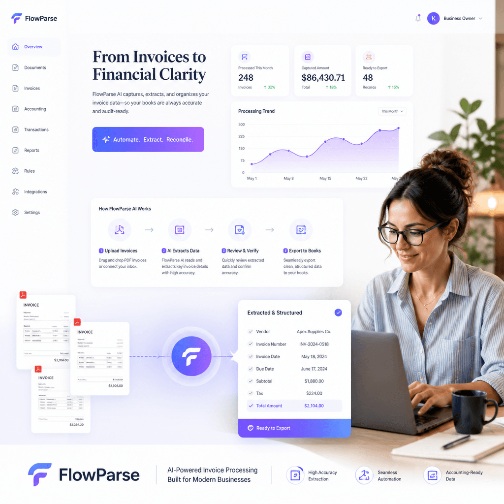 Small business owner using ParseFlow AI to automate invoice processing and bookkeeping — invoice PDFs transformed into accounting-ready records