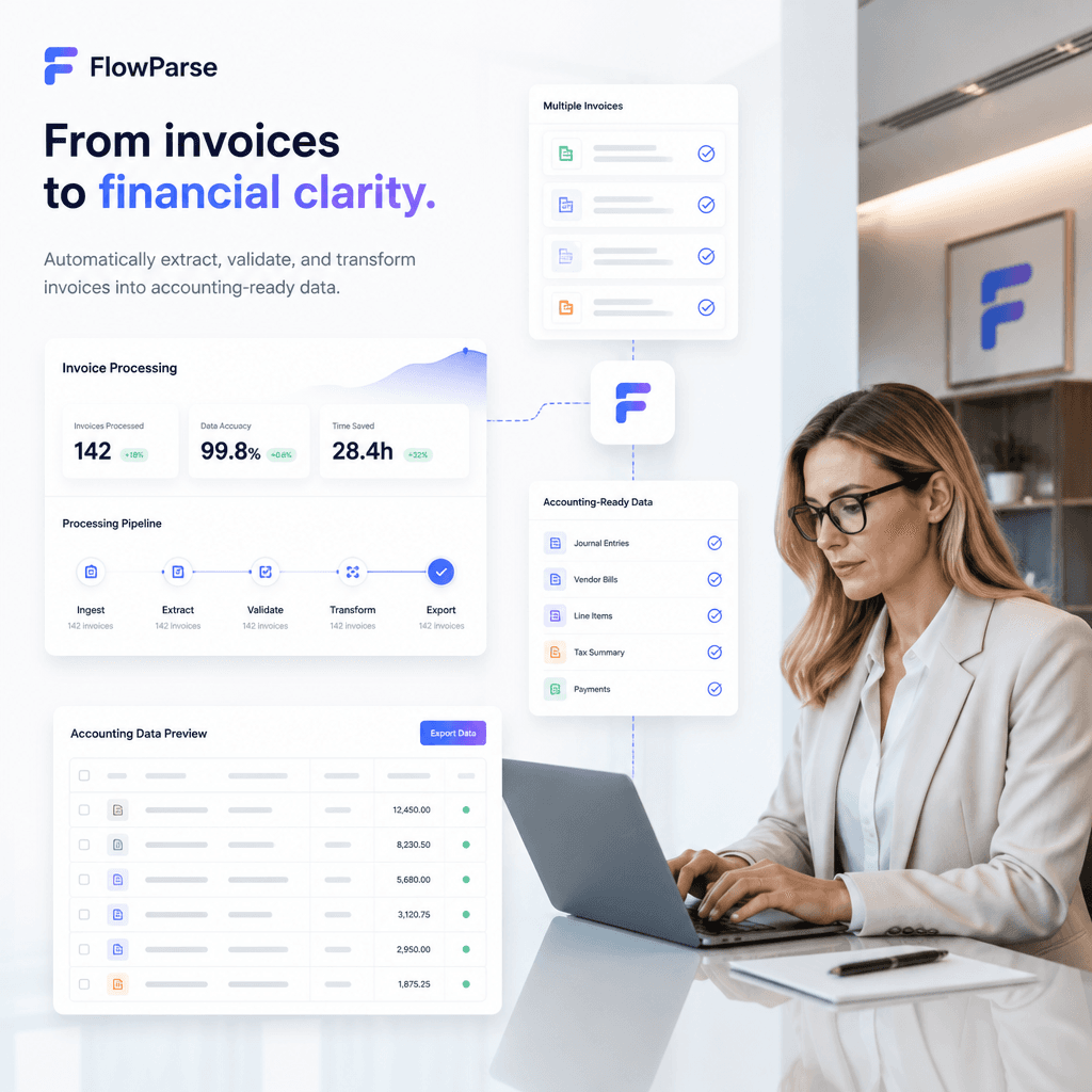 Professional accountant using ParseFlow invoice automation — multiple invoices converted into accounting-ready records and spreadsheets