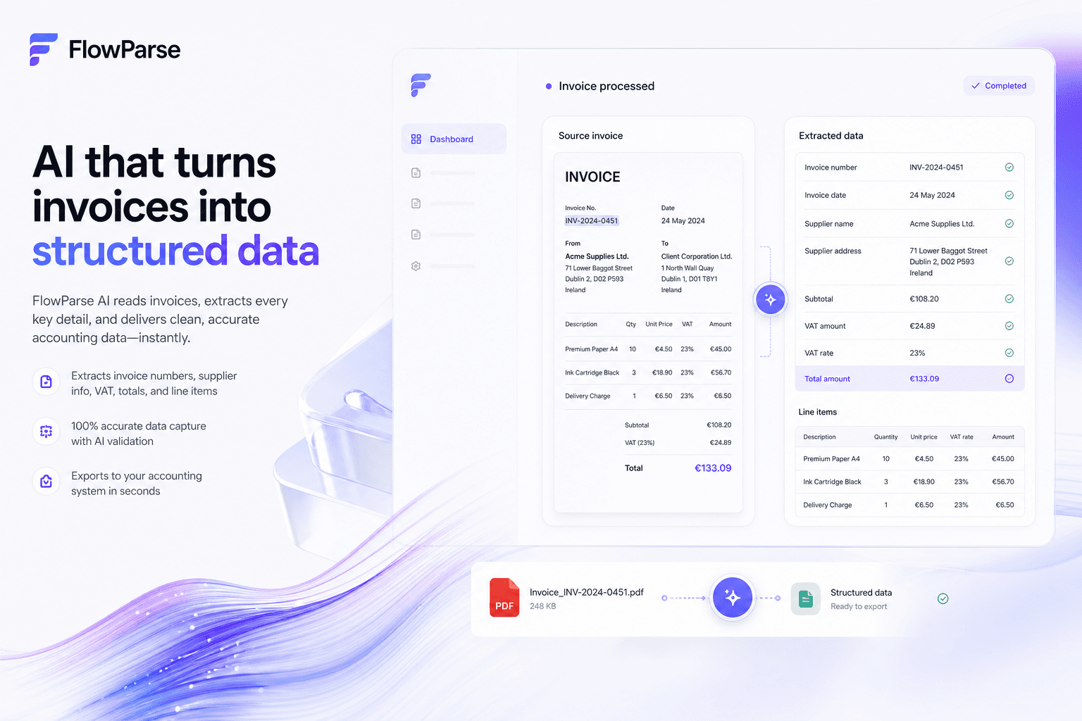 ParseFlow AI converting invoice PDFs into Xero-ready accounting data — invoice numbers, supplier information, VAT values, totals and line items extracted into structured records