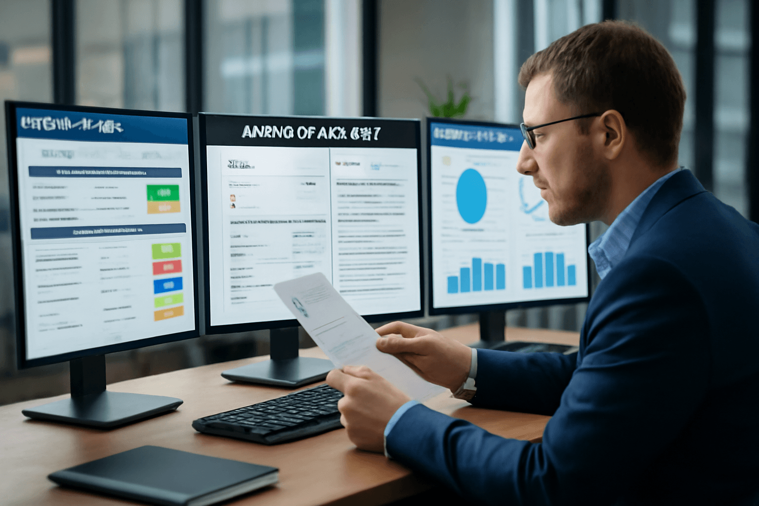 Professional accountant using AI invoice validation software to review supplier invoices with compliance dashboards