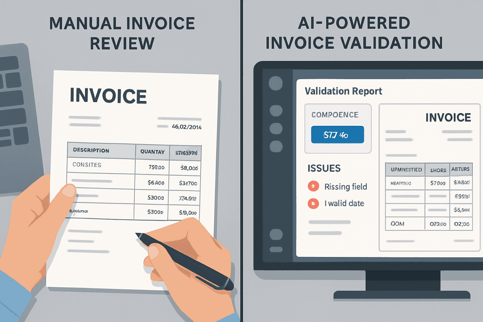 Split-screen comparison of manual invoice review versus AI-powered invoice validation with reports and confidence scores