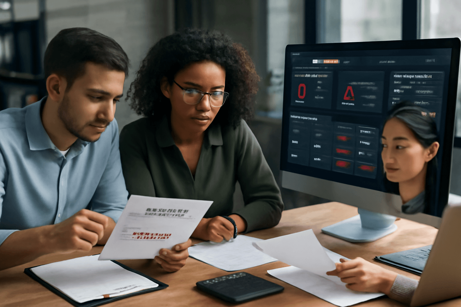 Finance team reviewing invoice errors while AI validation software detects inconsistencies and compliance issues