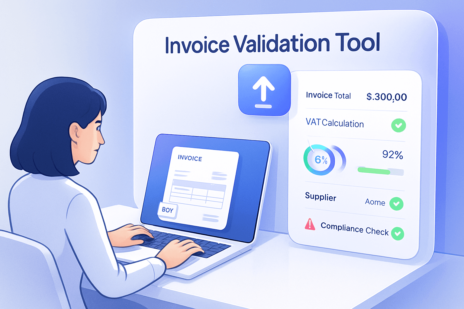 Invoice validation tool verifying invoice totals, VAT calculations and supplier information with green validation badges and confidence scores