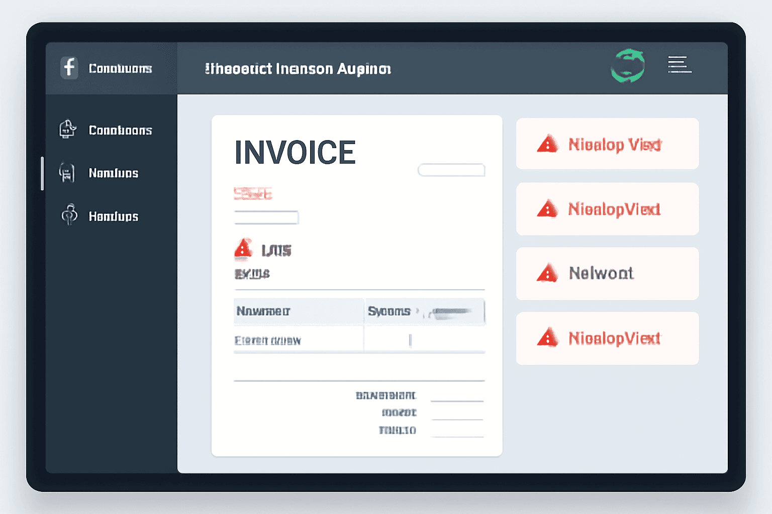 Invoice validation engine detecting missing fields and incomplete invoice information with quality indicators