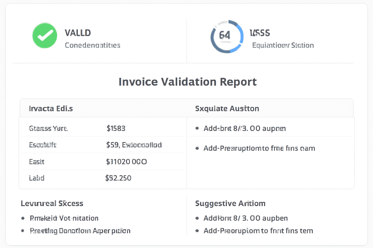 Professional invoice validation report showing validation status, confidence score, detected issues and suggested actions