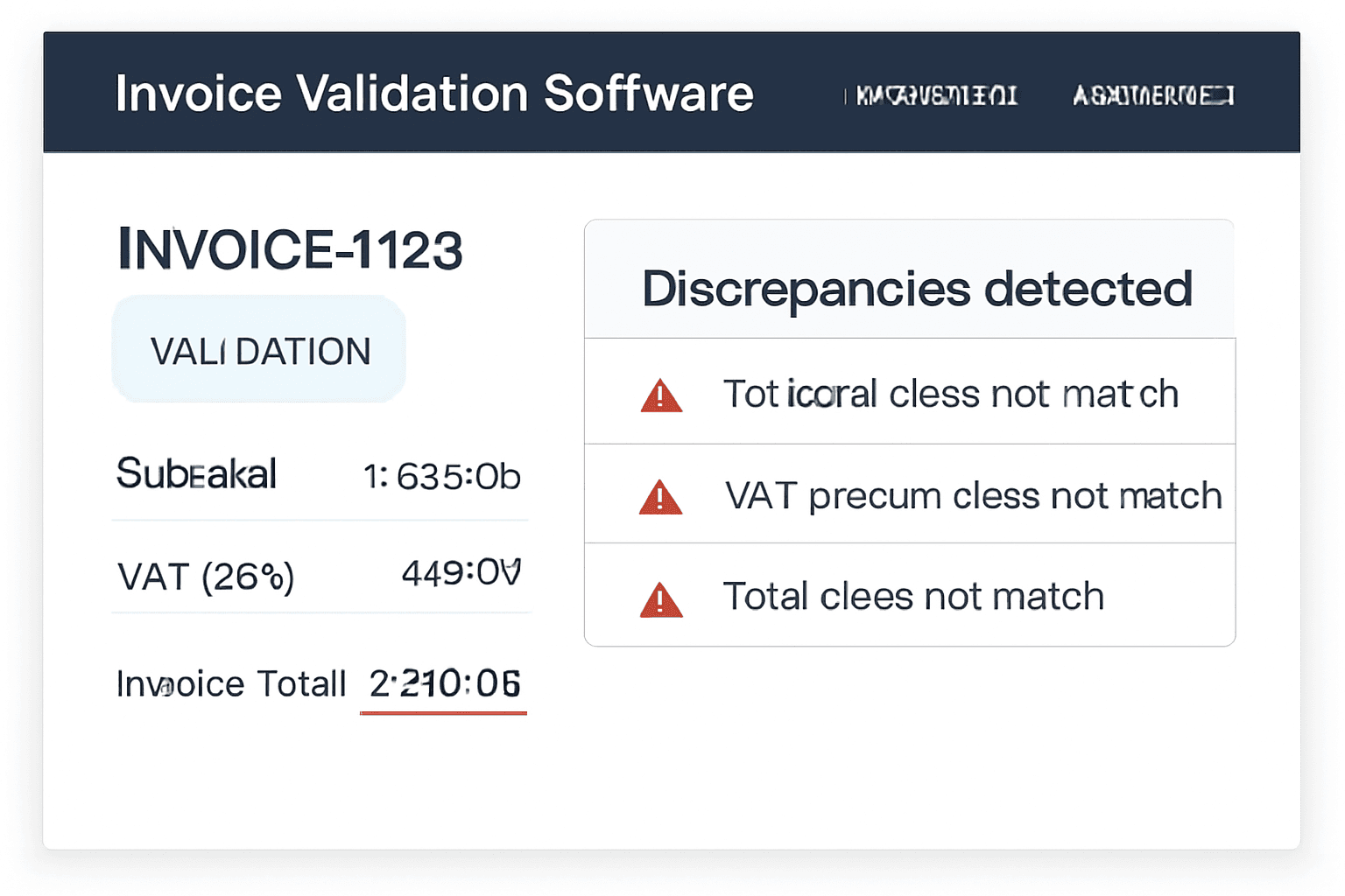 Invoice validation software checking subtotal, VAT and invoice total values with warning indicators highlighting discrepancies