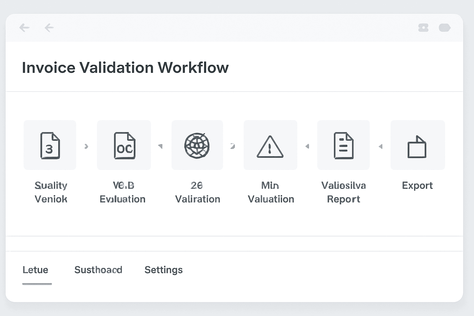 Step-by-step invoice validation workflow: upload, OCR extraction, AI validation, error detection, report and export