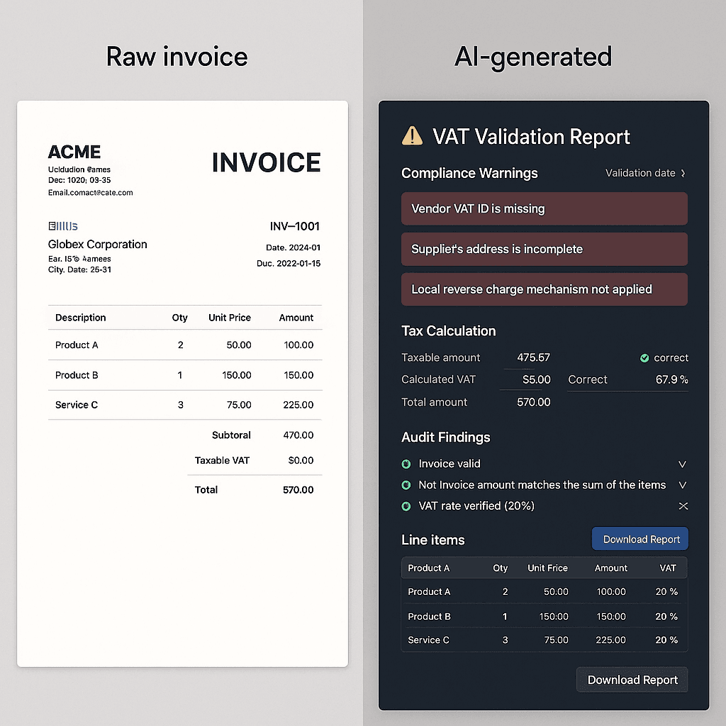 Split-screen — raw invoice PDF beside an AI-generated VAT validation report with compliance warnings