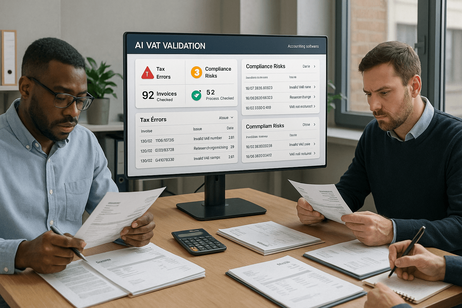 Finance team manually reviewing invoices while an AI VAT validation dashboard detects tax errors and compliance risks
