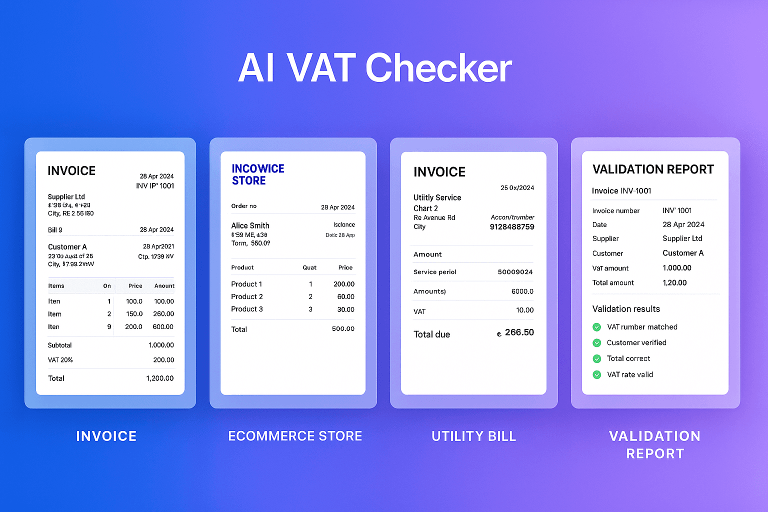 Multiple invoice formats — supplier, ecommerce, utility and scanned PDFs — processed by the AI VAT checker