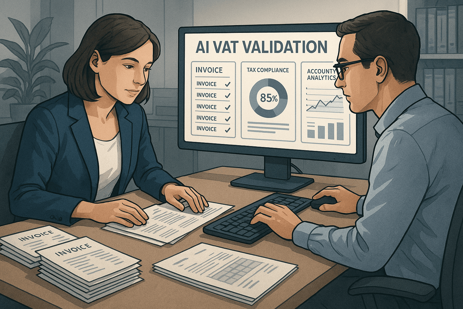 Accountants and finance professionals using AI VAT validation software with tax compliance dashboards