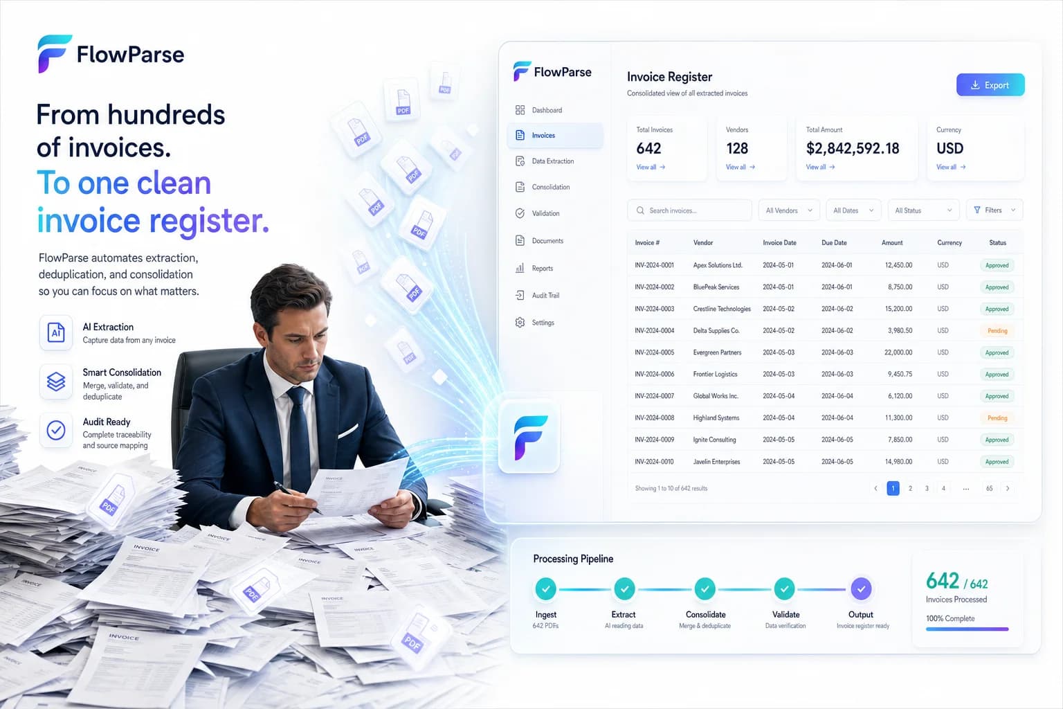 A finance team overwhelmed by hundreds of PDF invoices while FlowParse AI builds one consolidated invoice spreadsheet