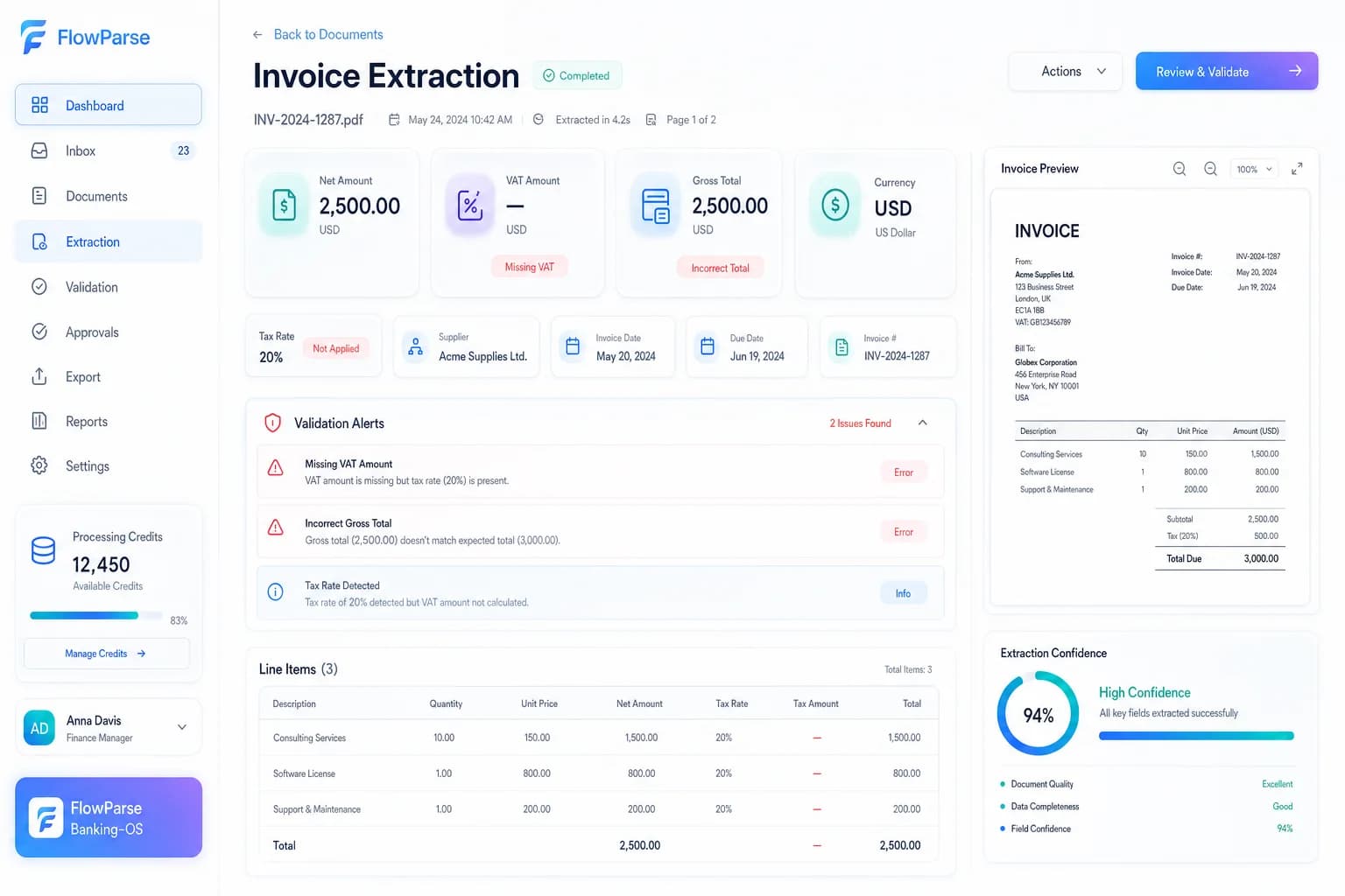 Invoice extraction dashboard highlighting VAT, net amount, gross total and validation checks