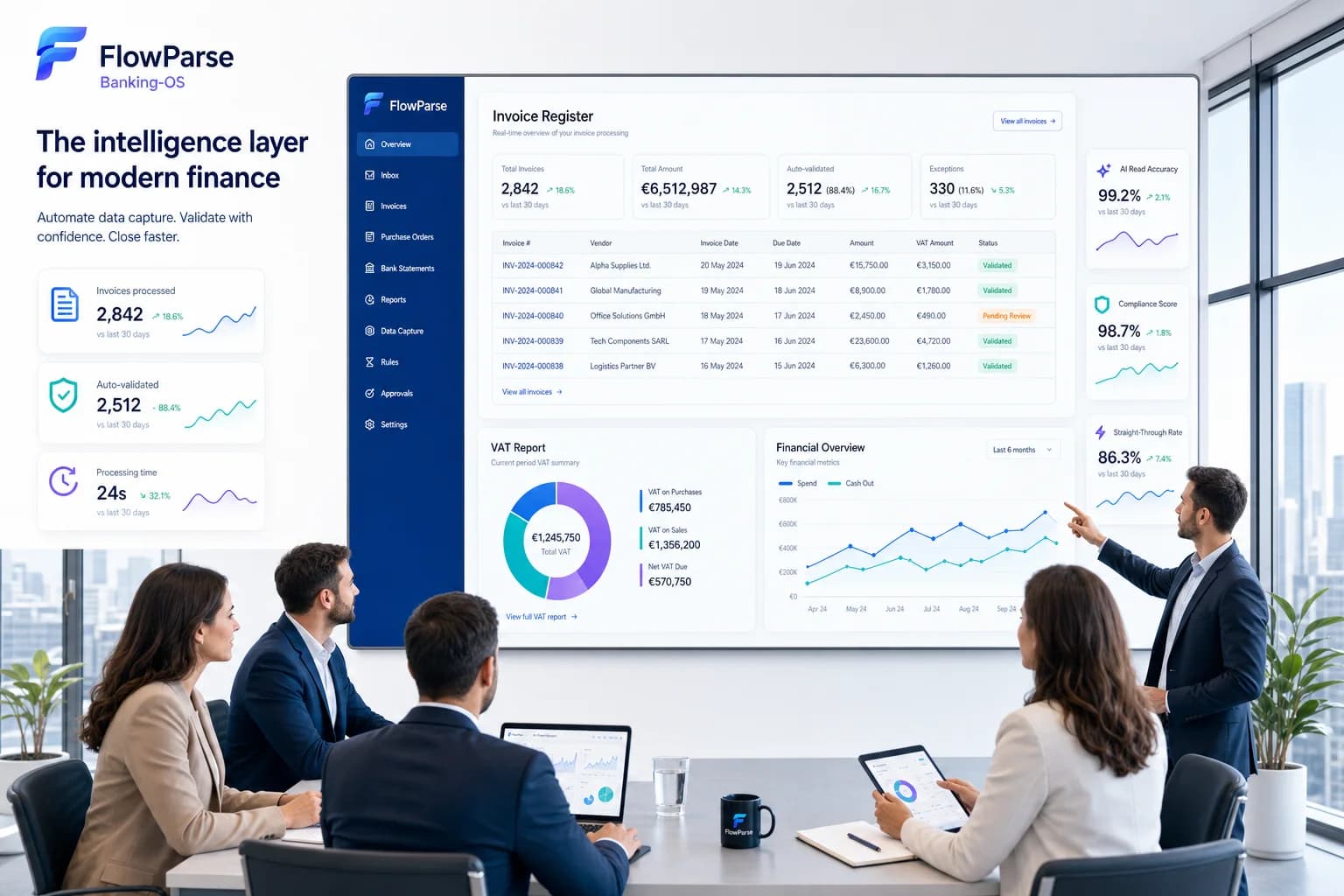 Accountants and finance teams using FlowParse invoice consolidation with registers, VAT reports and dashboards