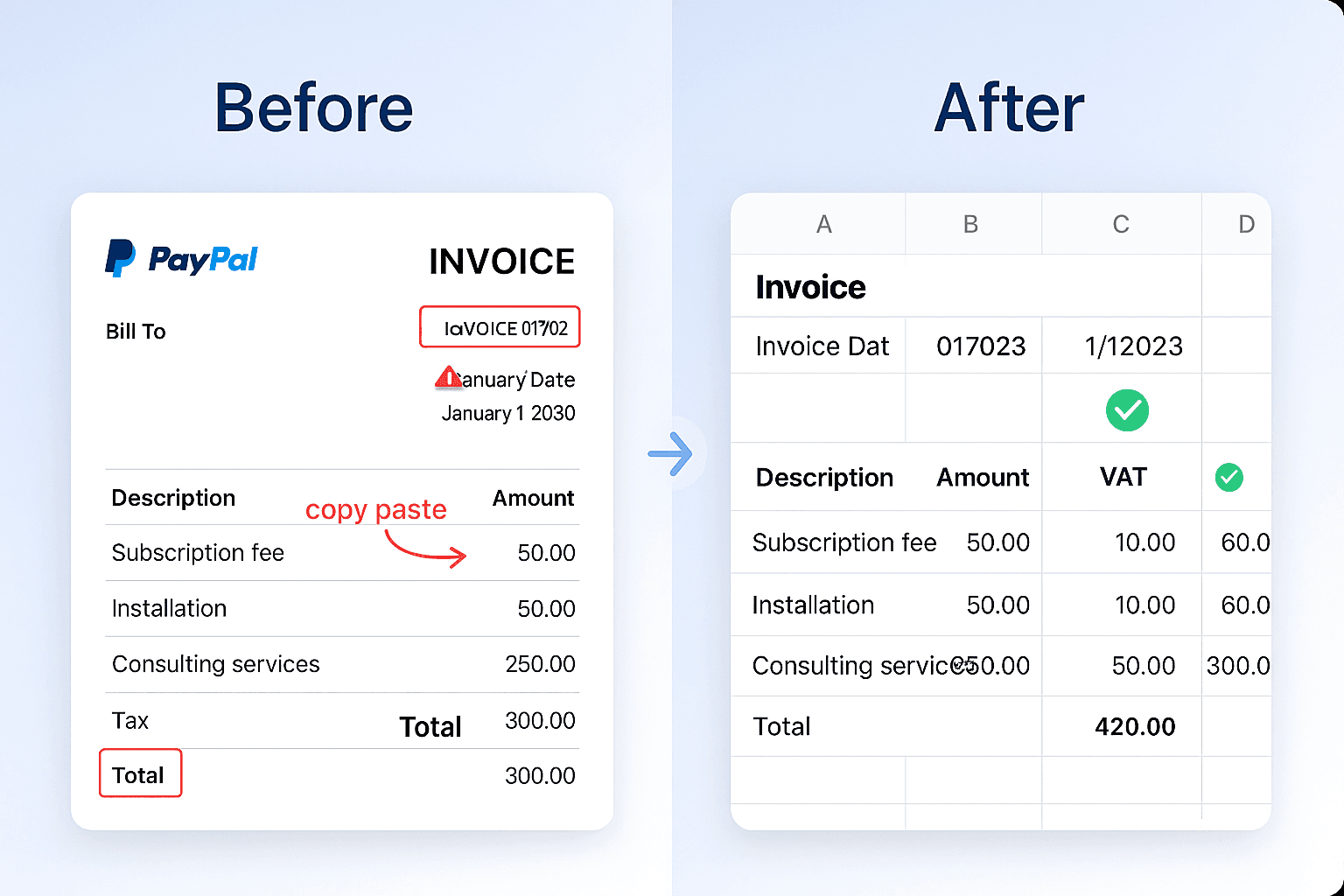 Manual PayPal invoice processing vs AI extraction comparison