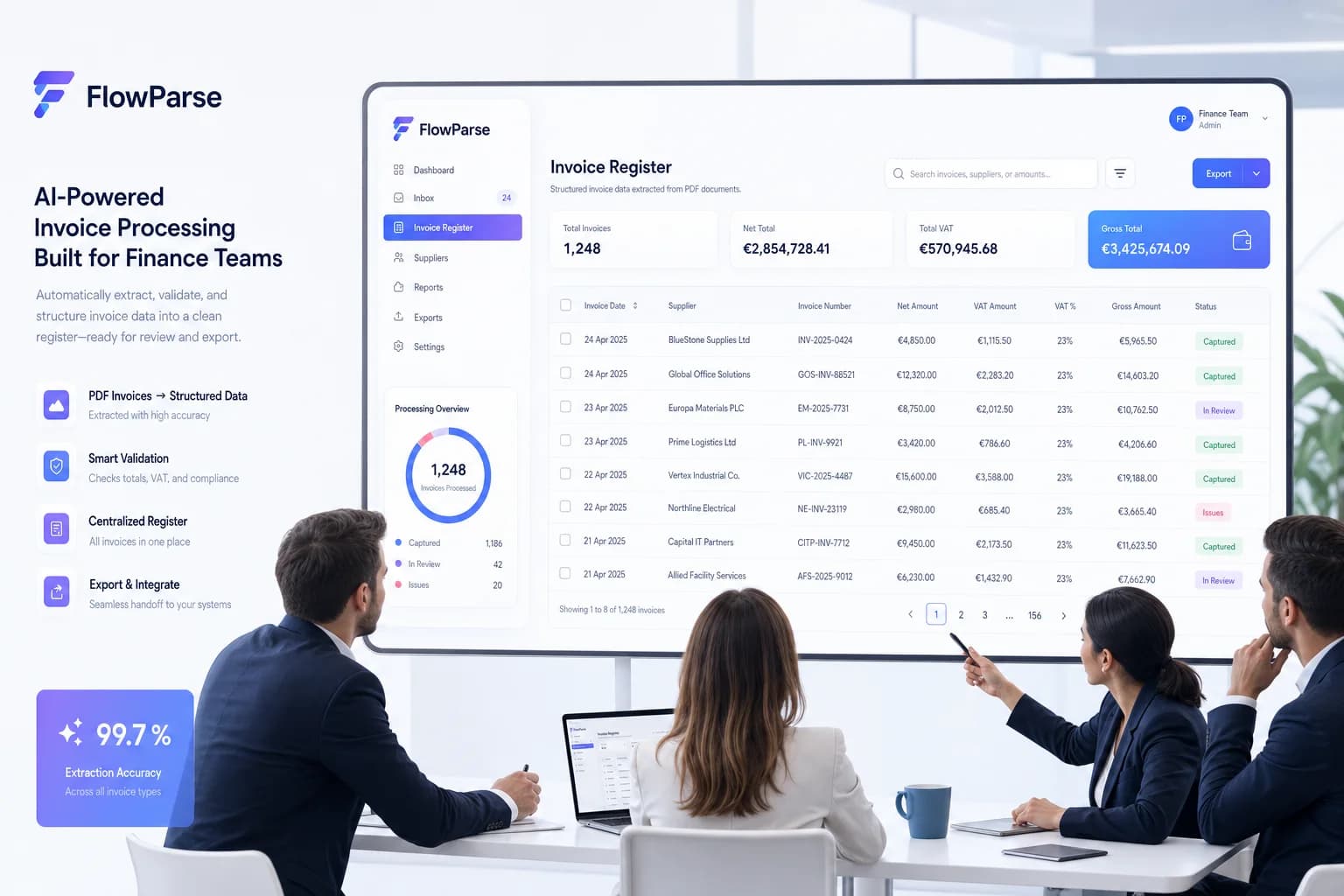 A finance team reviewing a structured invoice register generated automatically from PDF invoices