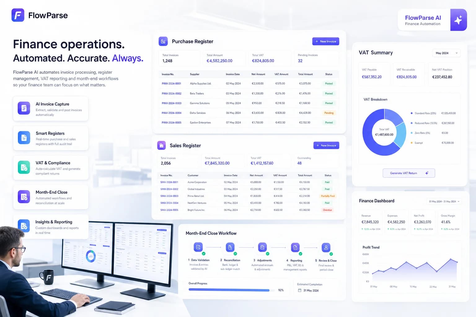A finance department managing invoice registers and reporting workflows generated automatically by FlowParse AI
