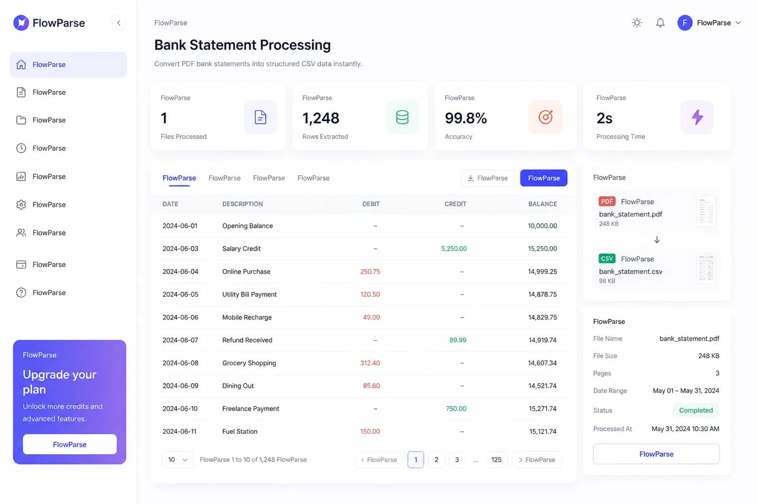 FlowParse converting a PDF bank statement into structured CSV transaction data
