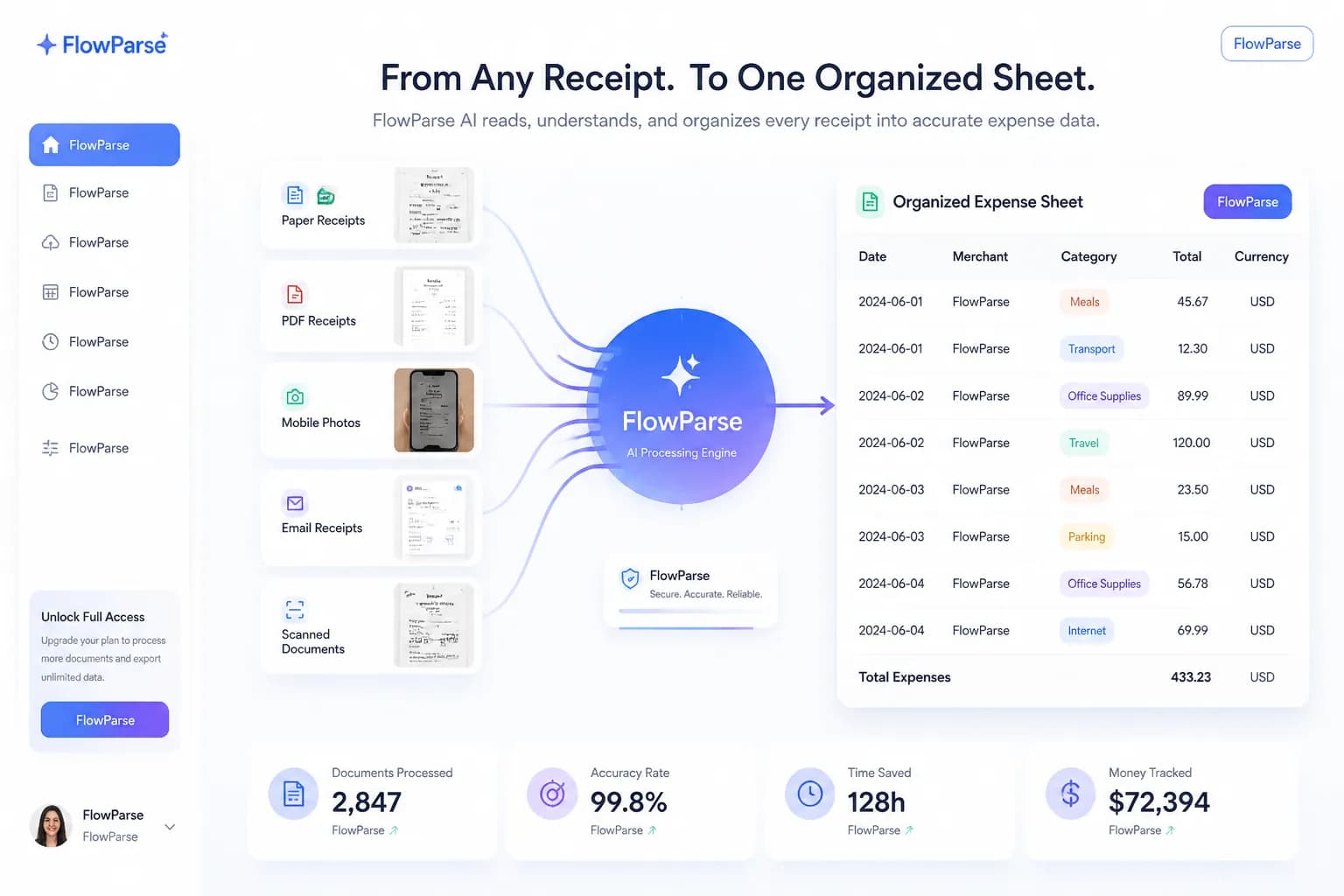 Receipt data exported to Excel, CSV or accounting software