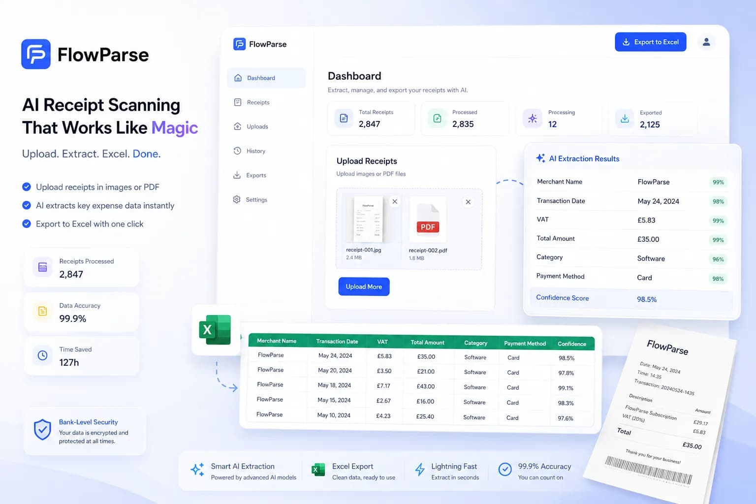 Receipts becoming clean, sortable rows in an Excel spreadsheet