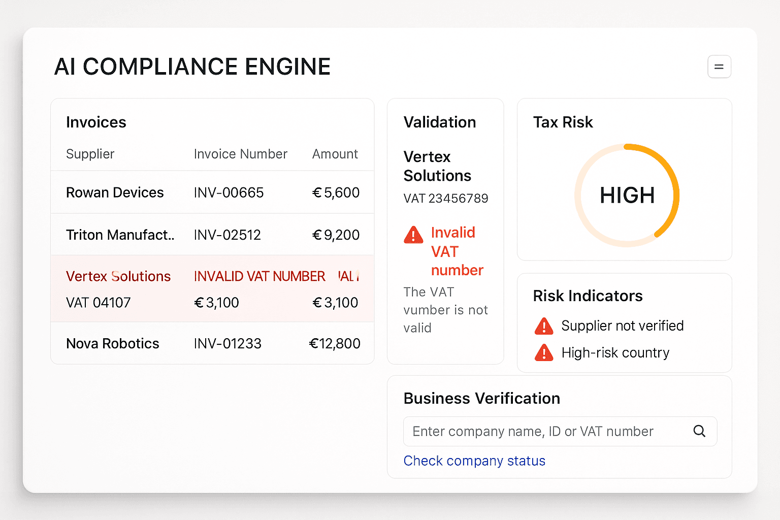 AI compliance engine detecting invalid VAT numbers and tax risks inside supplier invoices