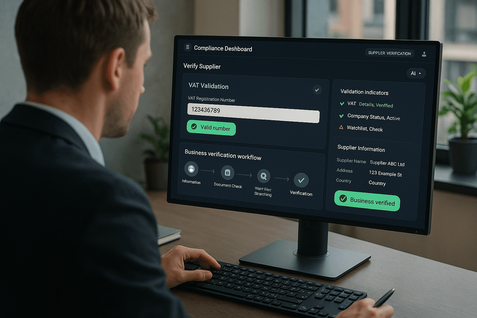Finance professional verifying a supplier VAT registration number using an AI compliance dashboard