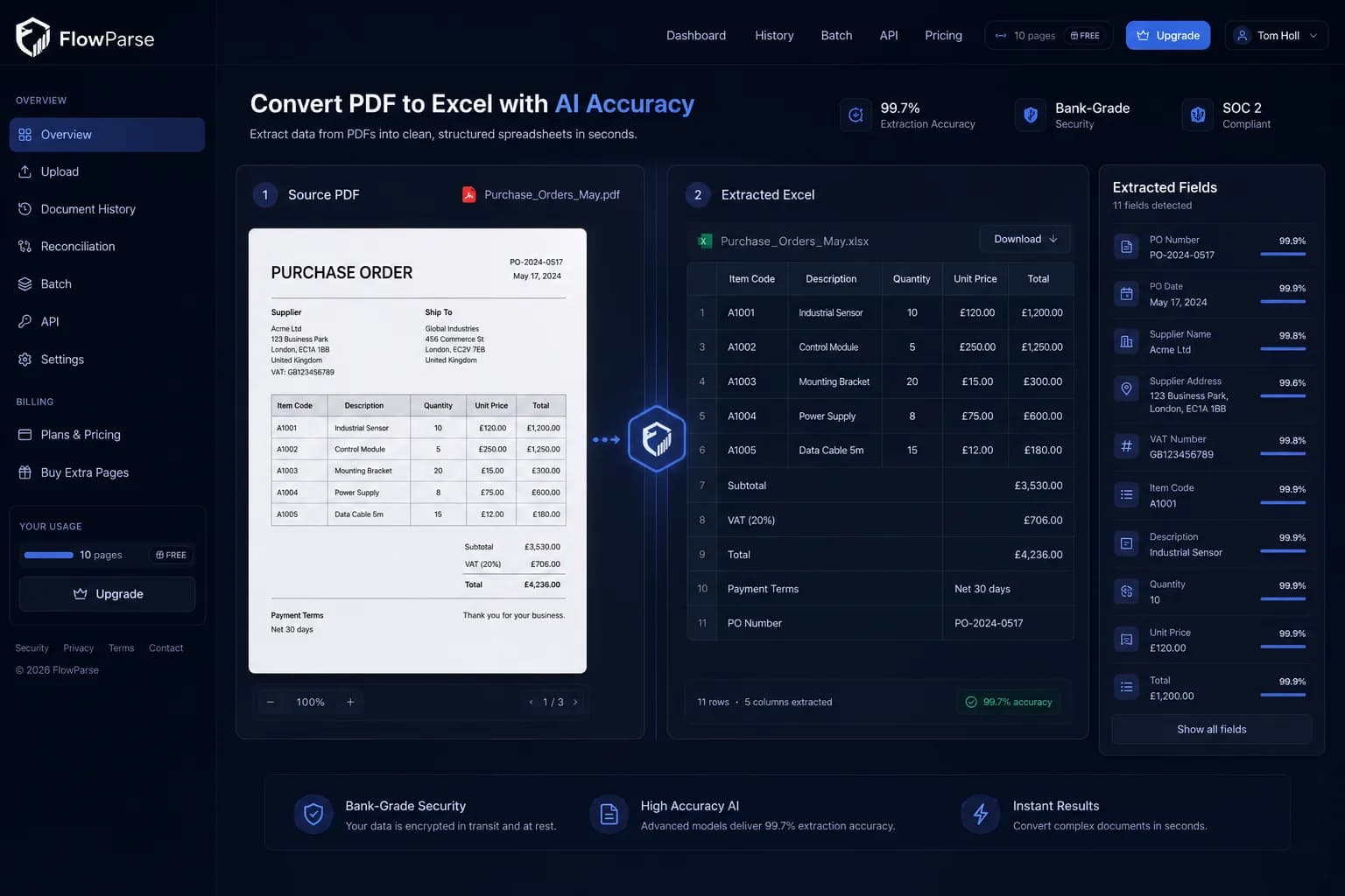 FlowParse AI as a Klippa alternative — invoice extraction, validation and Excel export