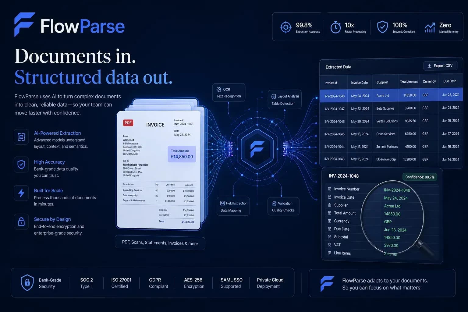 FlowParse AI feature dashboard — invoice OCR, VAT extraction, validation and editable preview