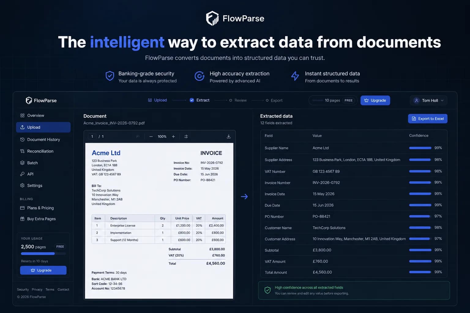 FlowParse AI as a Parseur alternative — invoice extraction, validation and Excel export