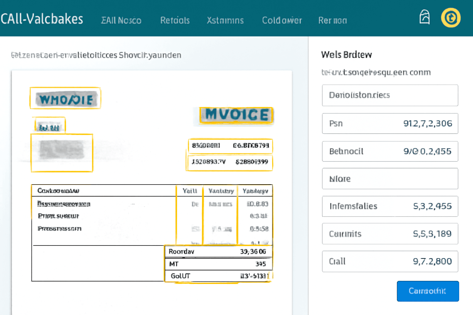 Low-quality scanned invoice causing extraction problems while AI validation highlights uncertain fields