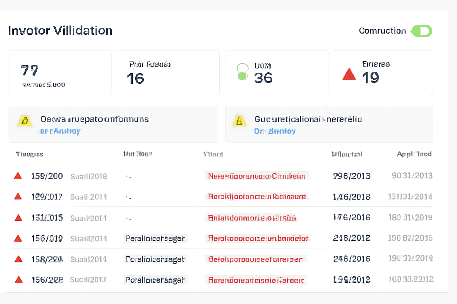 Invoice validation dashboard highlighting missing supplier information and incomplete business details