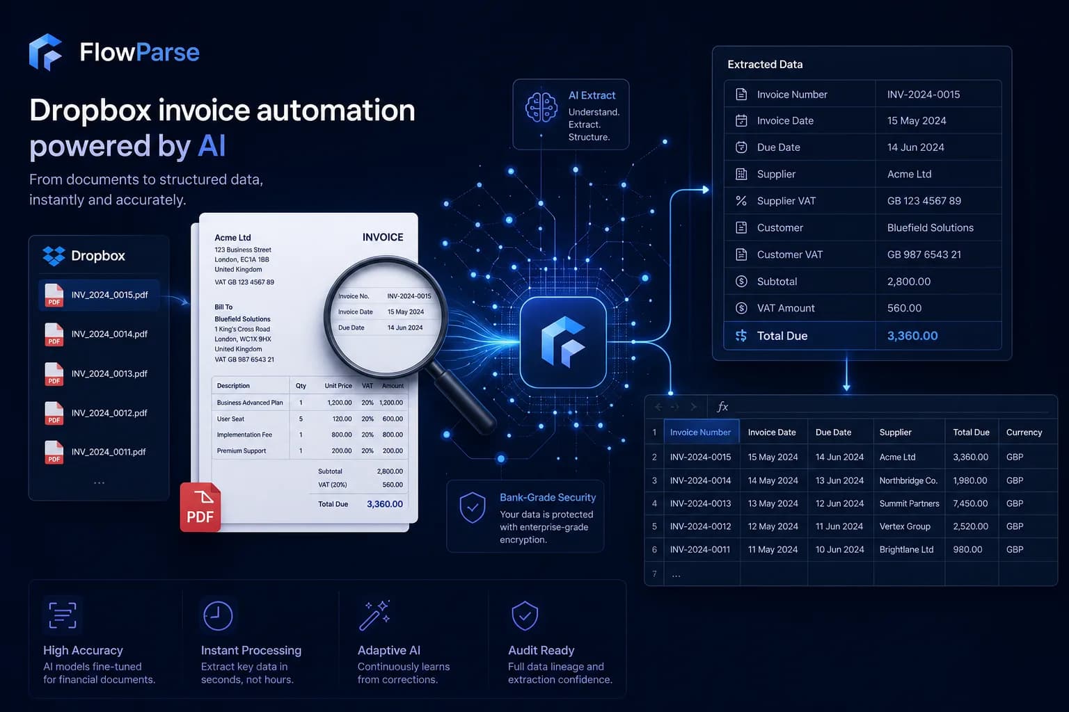 Manual invoice entry from Dropbox versus AI automation