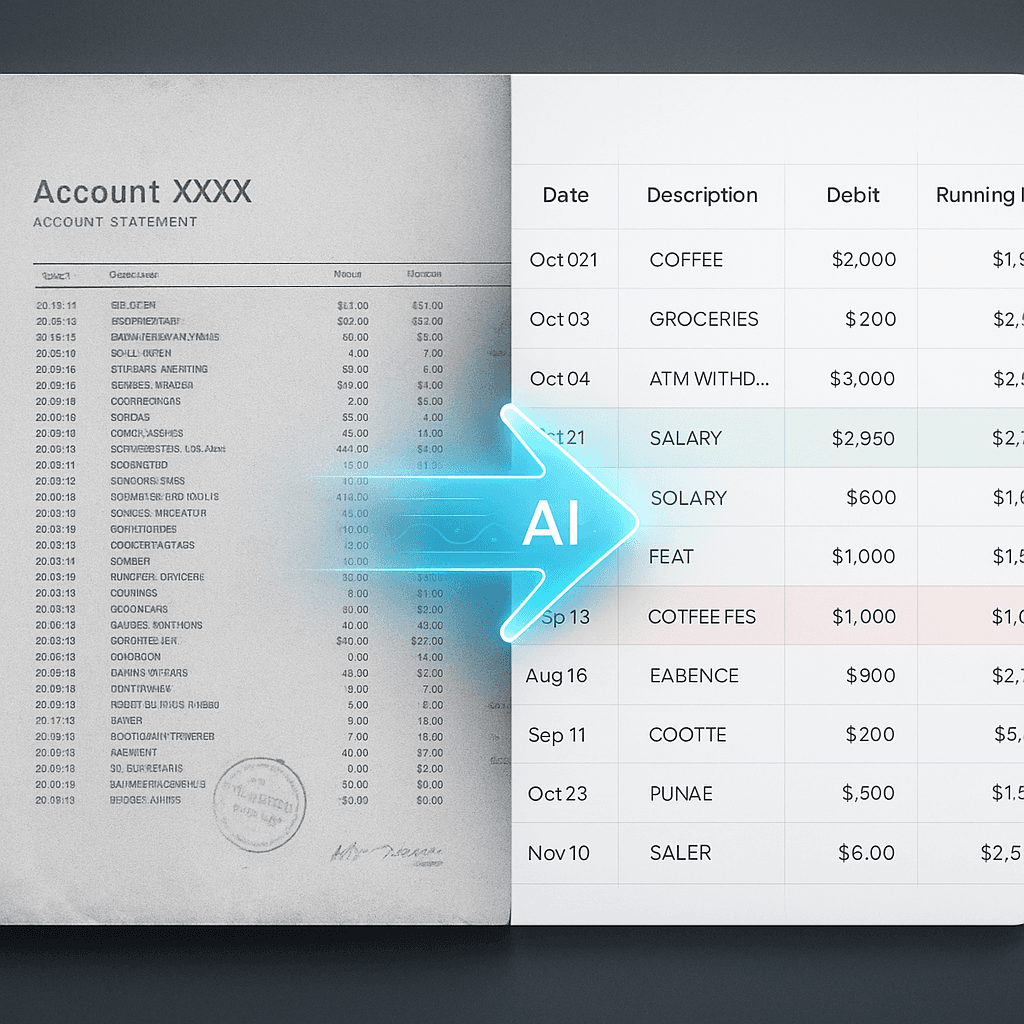 PDF bank statement to Excel before and after extraction