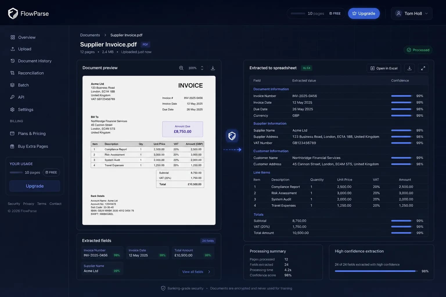 Dropbox connected to AI invoice processing, PDFs flowing into Excel