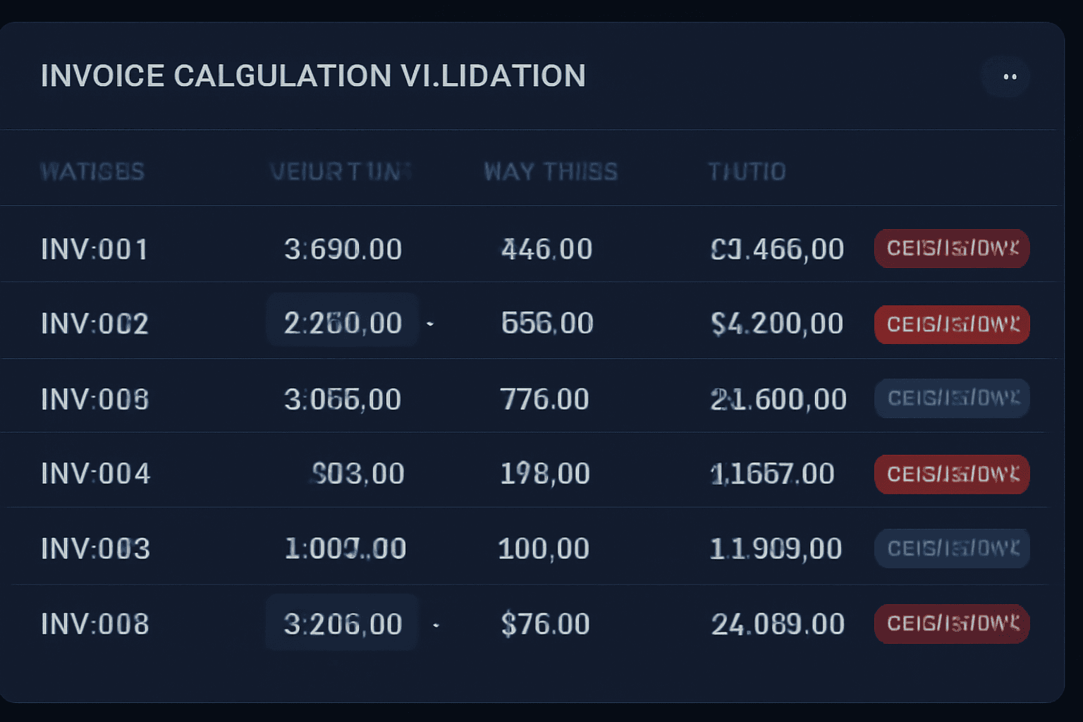 Invoice calculation validation dashboard checking subtotals, VAT values and invoice totals