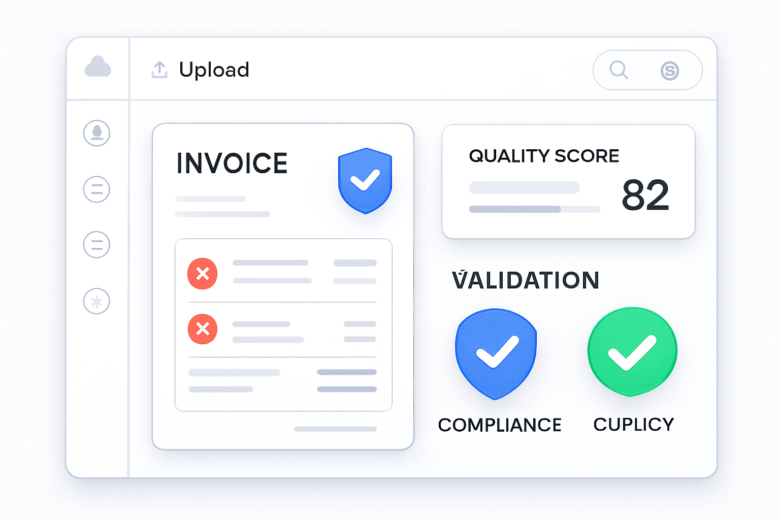 Invoice uploaded into an AI validation platform with detected errors, validation badges and quality scores