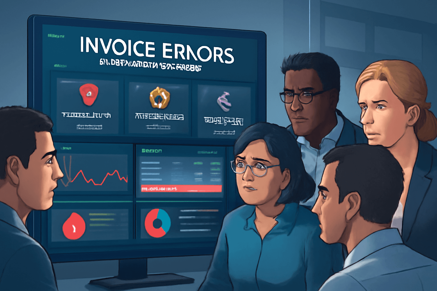 Finance team discovering invoice errors after accounting import while an AI dashboard highlights the risks