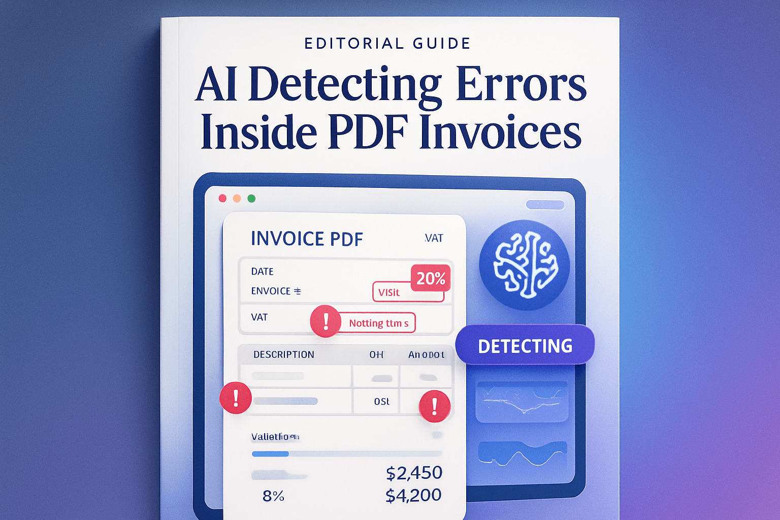 AI detecting errors inside a PDF invoice — highlighted VAT discrepancies, missing fields and warning indicators
