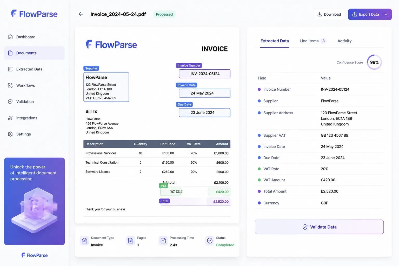 Invoice fields highlighted and mapped into structured data