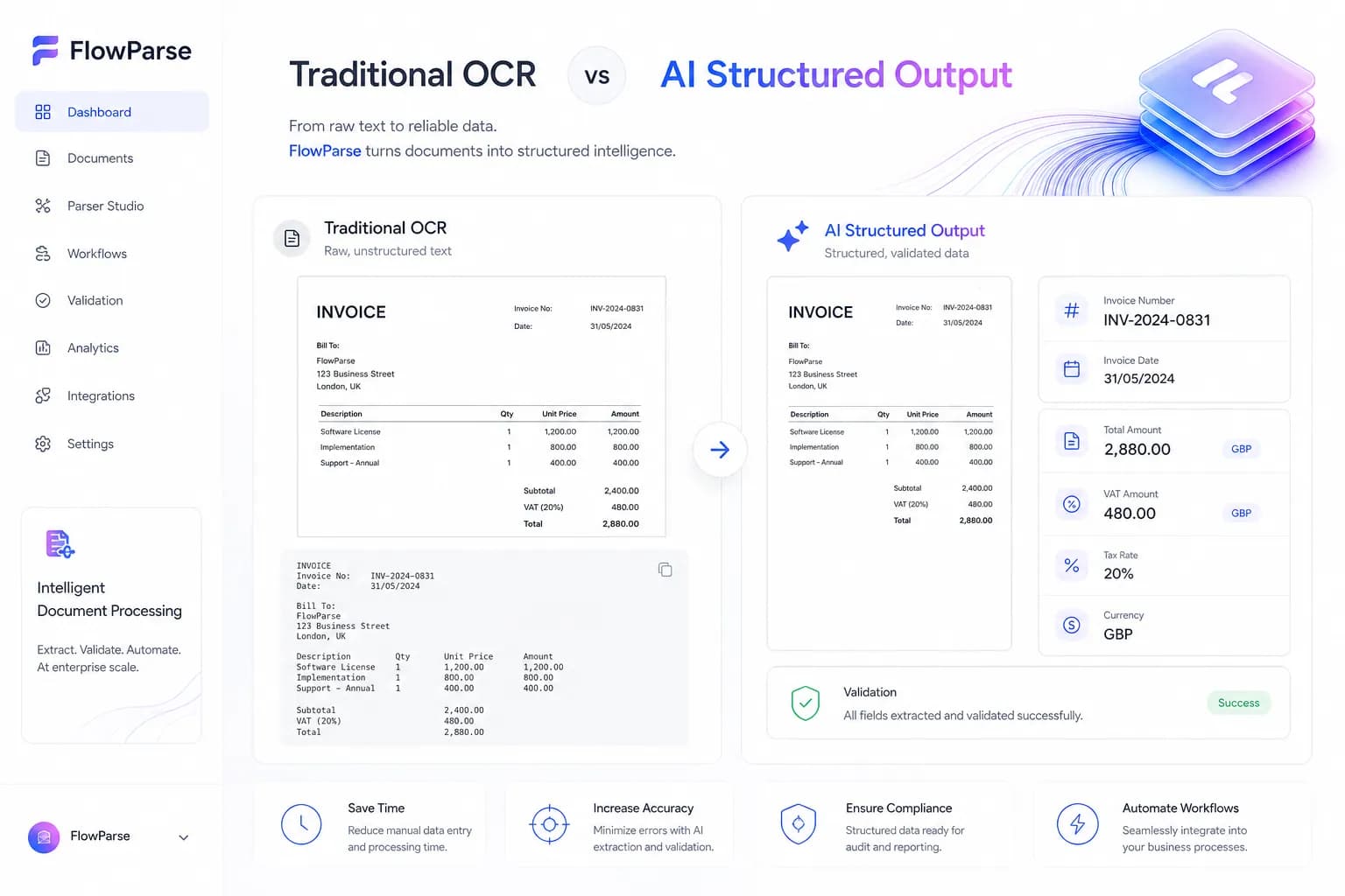 OCR raw text versus AI structured invoice fields